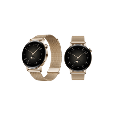 Seitenund Frontansicht Goldenes Mesh-Armband an Garmin Watch – stilvoll & atmungsaktiv