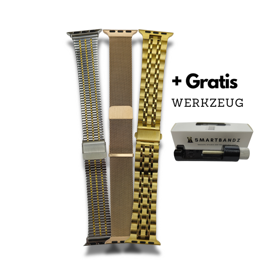 Luxuriöses Edelstahlarmband Bundle für Apple Watch, 3er-Set in Roségold und Gold, inklusive Gliederwerkzeug von Smartbandz