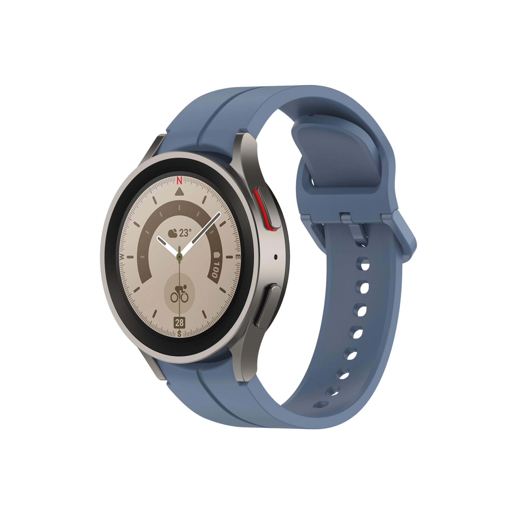Smartwatch mit montiertem Armband in Blau – klassischer Look, ideal kombinierbar.
