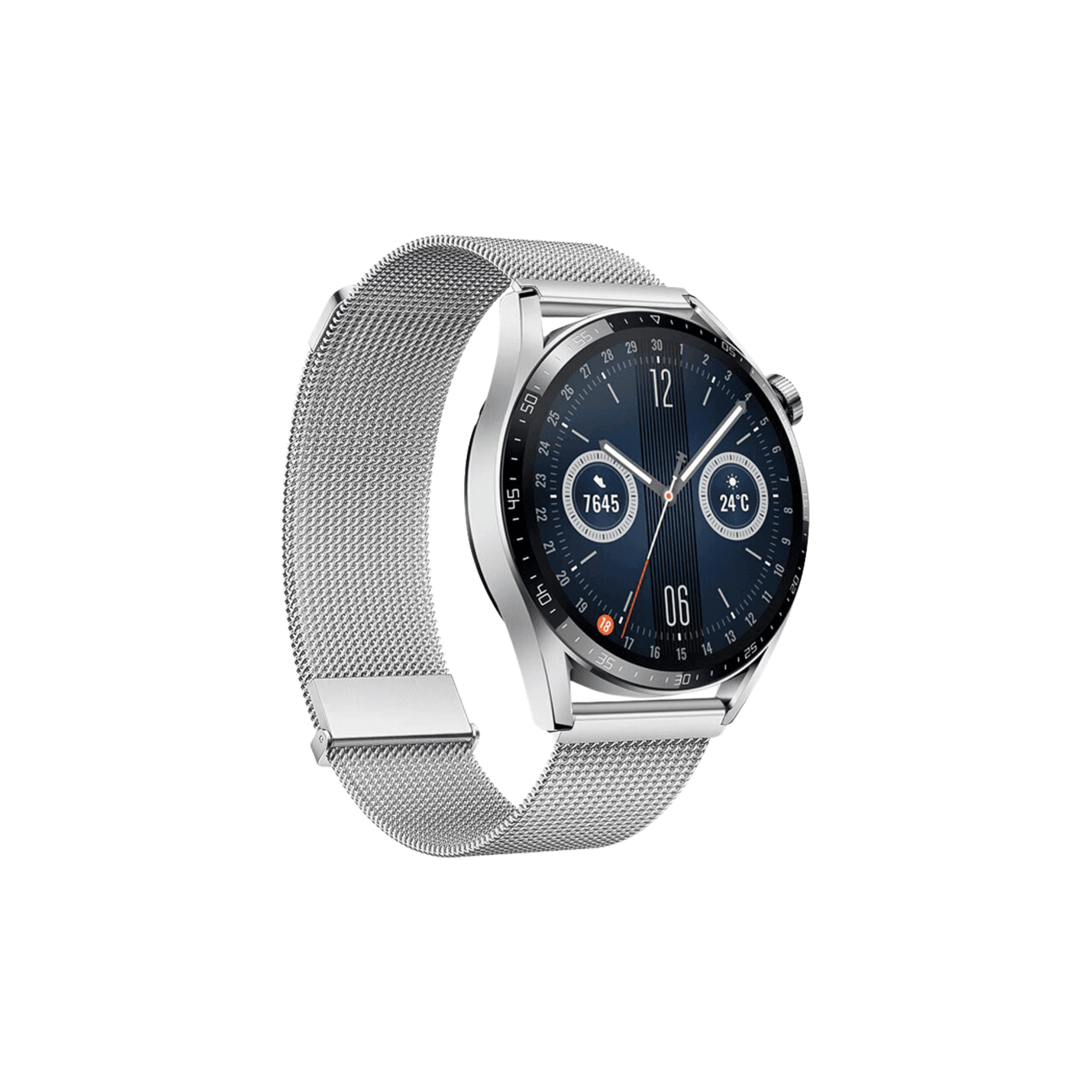 Frontansicht Garmin Watch mit luftigem Mesh-Armband aus Edelstahl in Silber