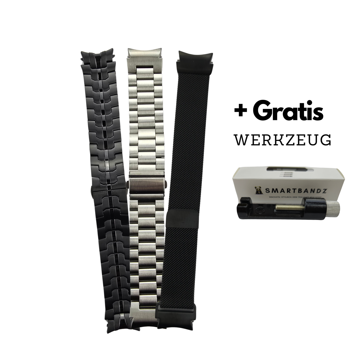 Edelstahlarmband Bundle für Galaxy Watch, Set mit Milanese Flow, Iron & Matrix inklusive Gratis Gliederwerkzeug von Smartbandz