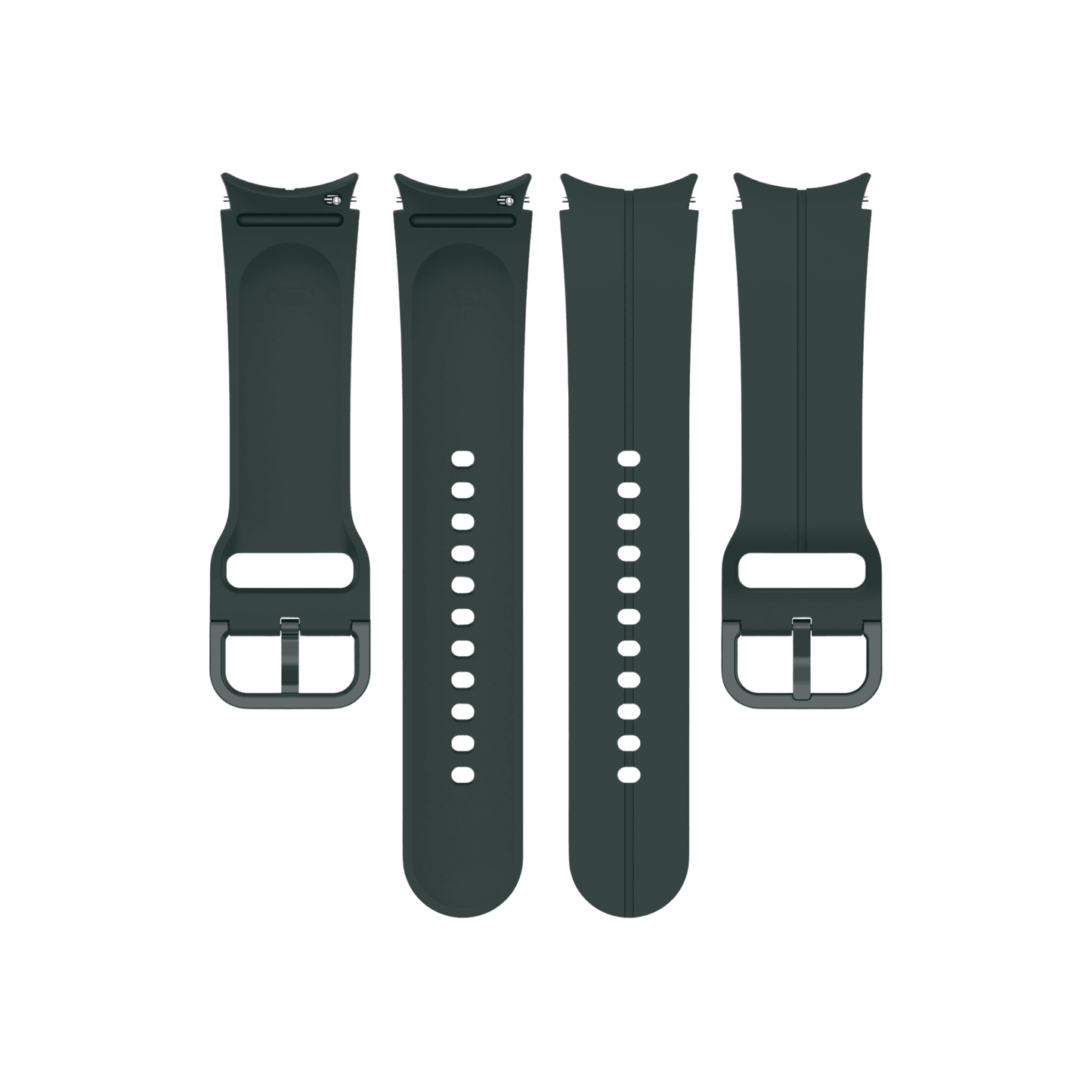 Komplettes Set des Smartwatch-Sportarmbands in Schwarzgrün – beide Seiten und Schließe.