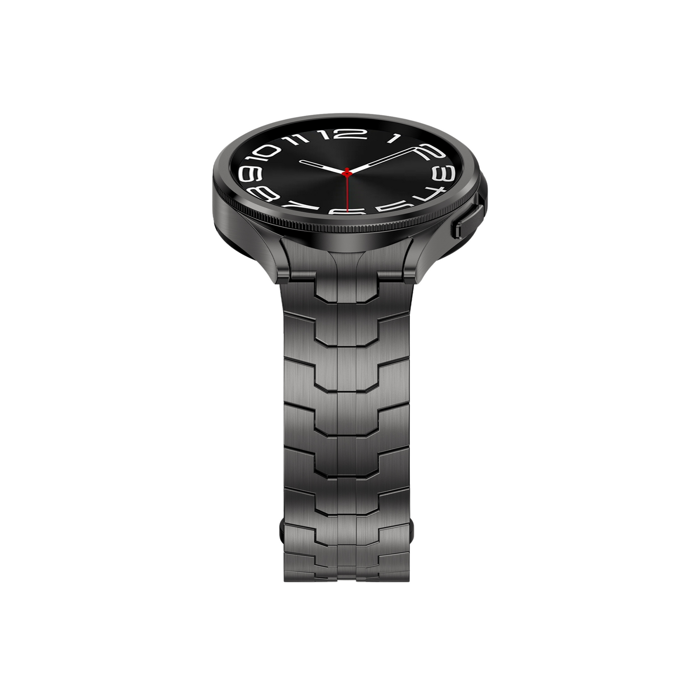 Schwarzes Edelstahlarmband von Smartbandz, Titan Edition – Seitenansicht an der Samsung Galaxy Watch, ergonomisch und stilvoll.