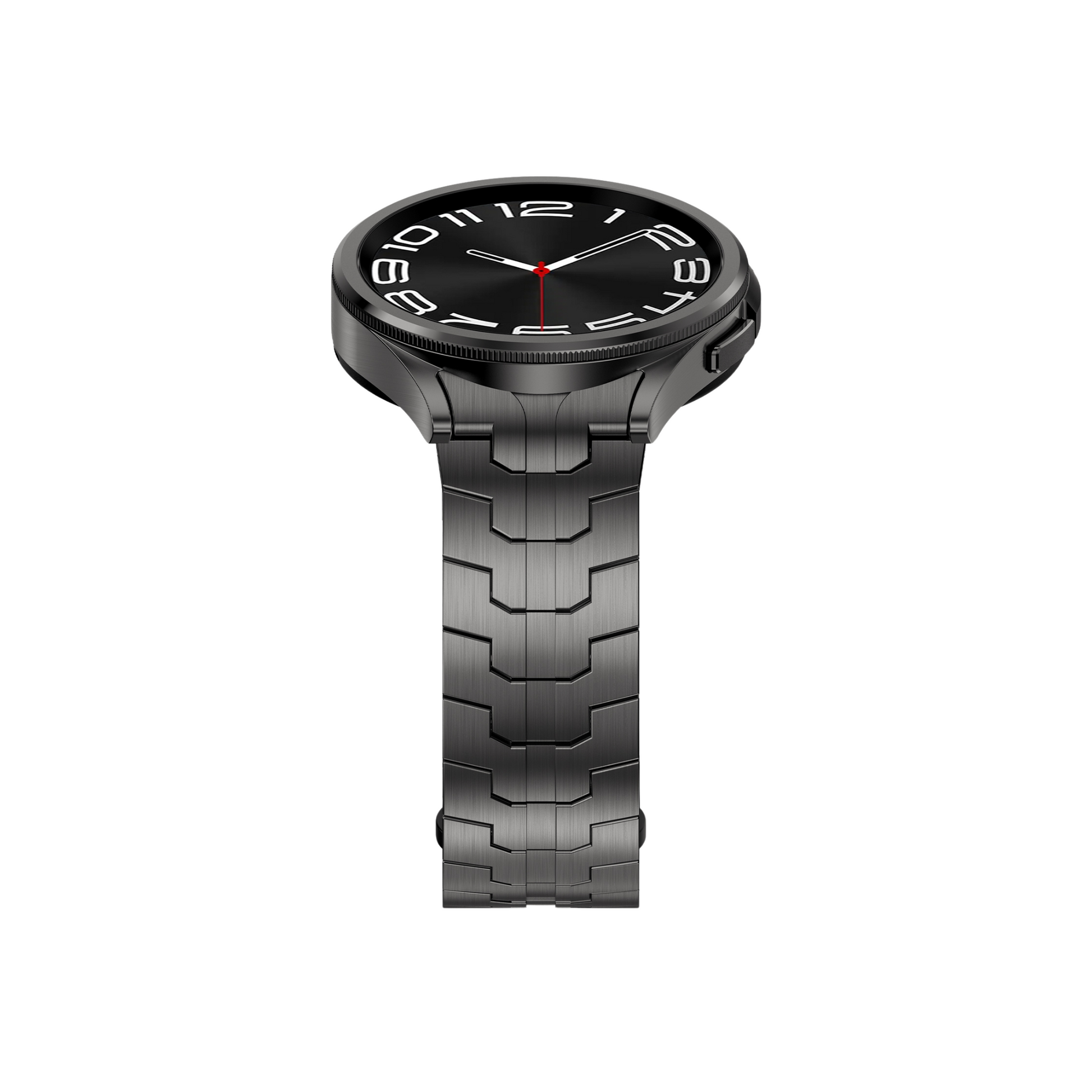 Schwarzes Edelstahlarmband von Smartbandz, Titan Edition – Seitenansicht an der Samsung Galaxy Watch, ergonomisch und stilvoll.