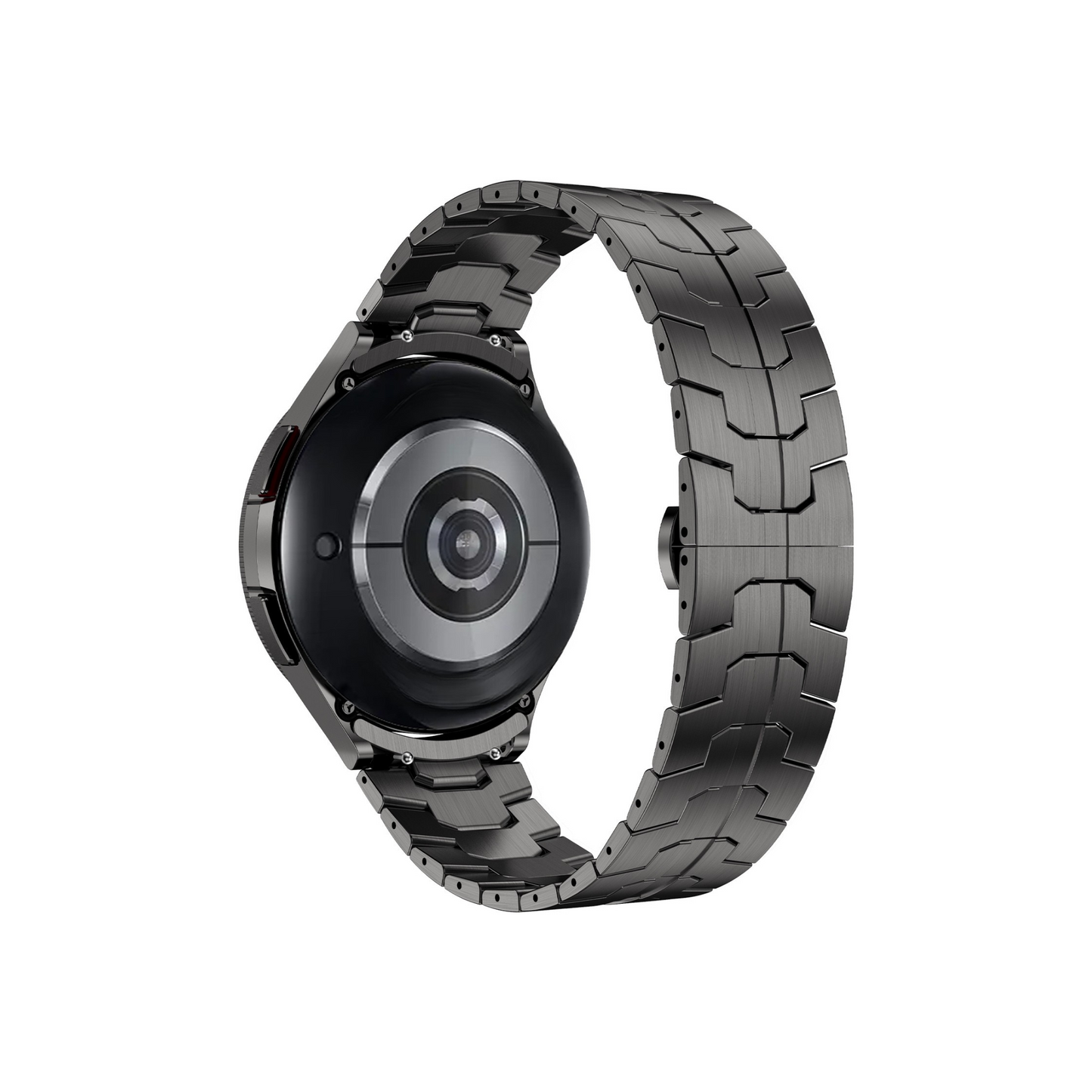 Rückansicht: Titan Edition Edelstahlarmband von Smartbandz an der Samsung Galaxy Watch, sichere Verschlusslösung.