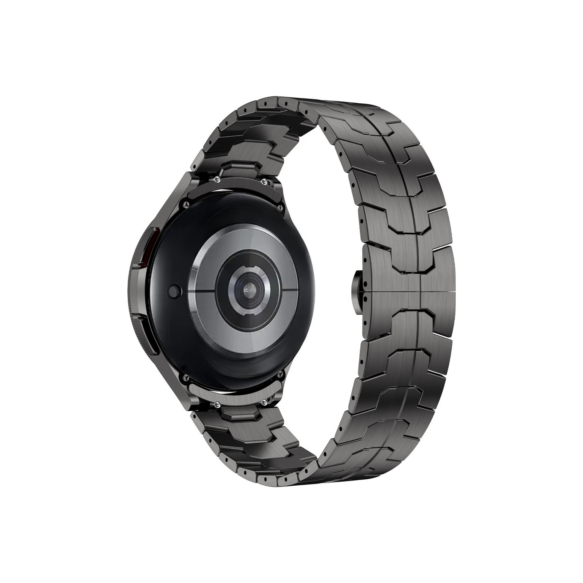 Rückansicht: Titan Edition Edelstahlarmband von Smartbandz an der Samsung Galaxy Watch, sichere Verschlusslösung.