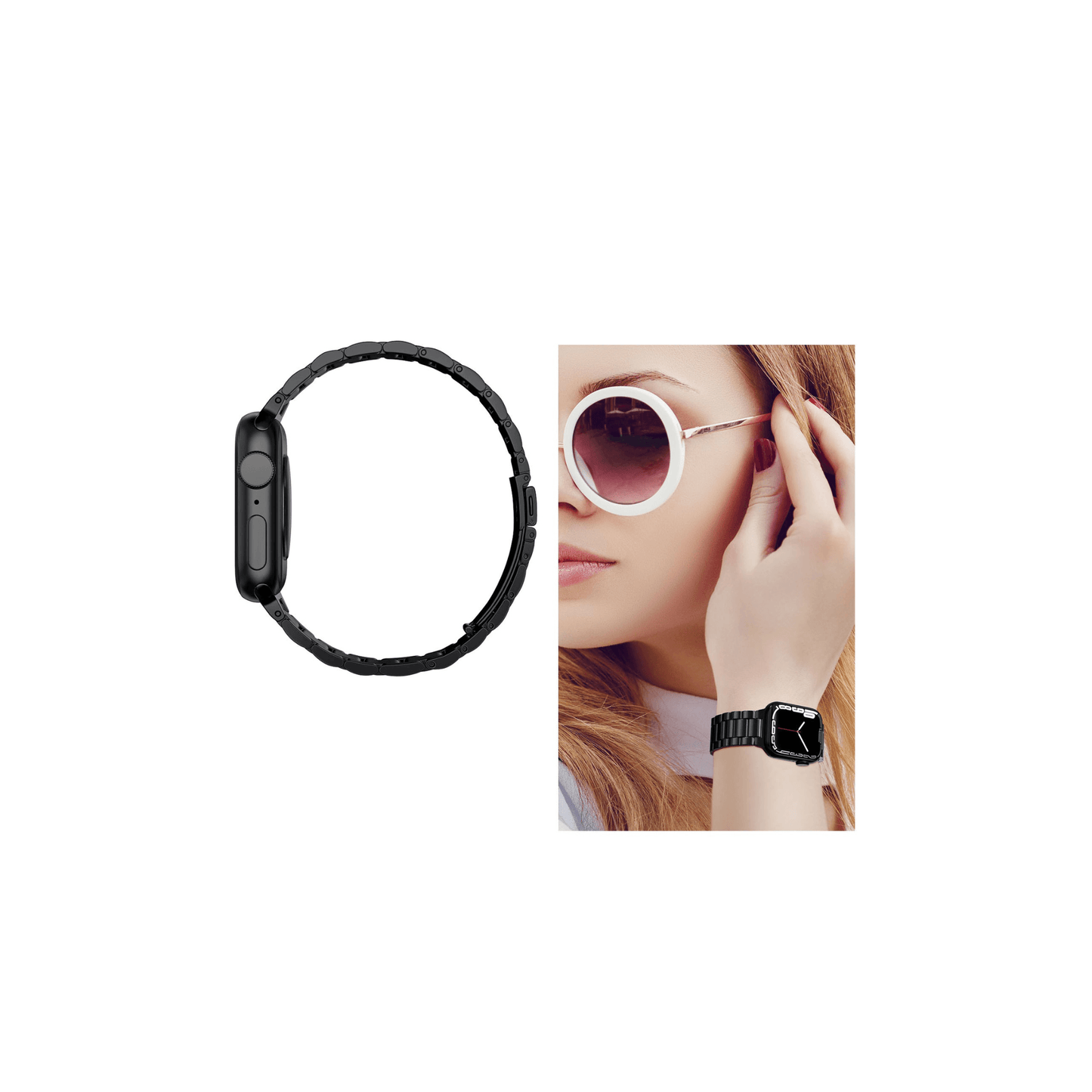 Apple Watch Edelstahlarmband Royal Edition in Schwarz – stilvolles Flatlay, elegantes Accessoire für anspruchsvolle Apple Nutzer.
