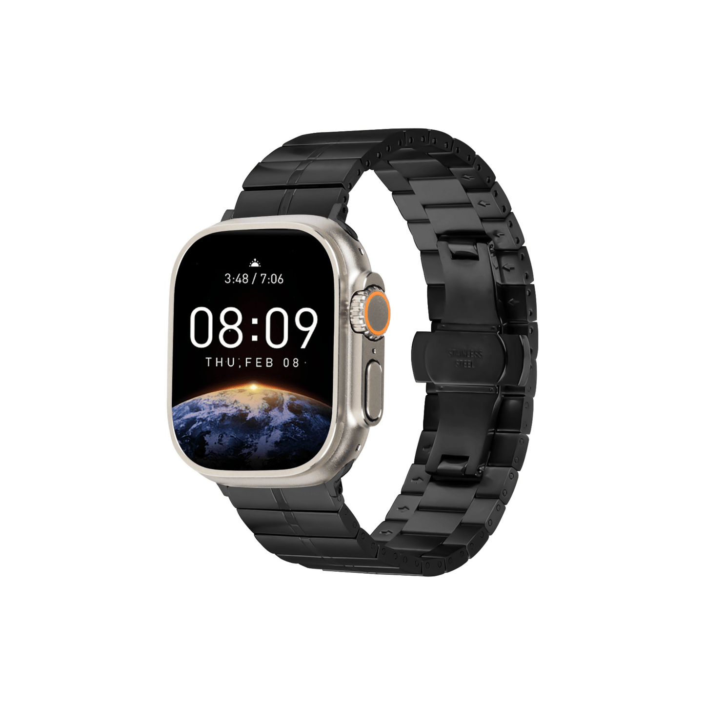 Elite Edelstahlarmband Schwarz für Apple Watch – exklusives, glänzendes Edelstahlarmband mit polierter Oberfläche und Butterfly-Schließe.