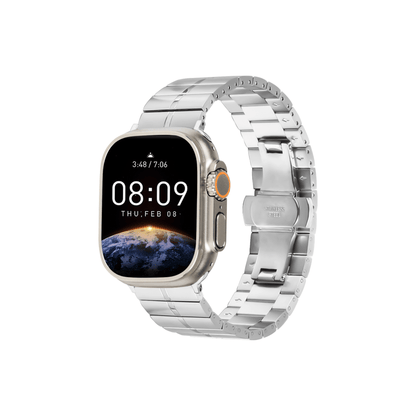 Elite Edelstahlarmband Silber für Apple Watch – glänzendes, poliertes Edelstahl mit eleganter Butterfly-Schließe.