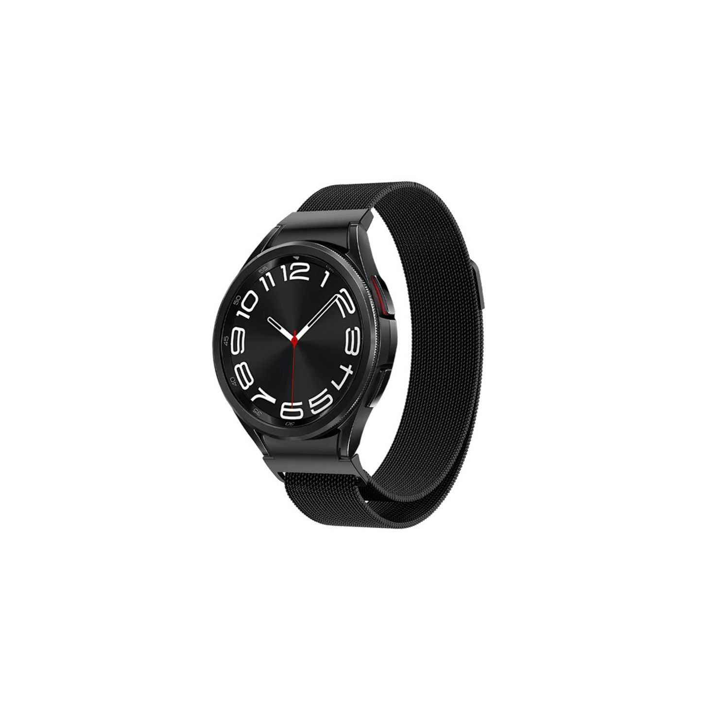 Frontansicht des schwarzen Milanese-Armbands – minimalistisch und elegant. Samsung Galaxy Watch Armbänder