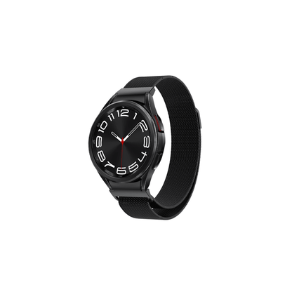 Frontansicht des schwarzen Milanese-Armbands – minimalistisch und elegant. Samsung Galaxy Watch Armbänder