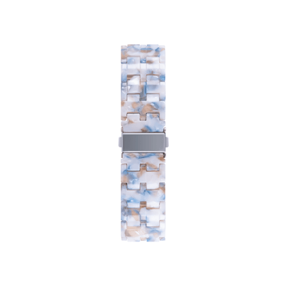 Resinarmband für Apple Watch in Kristall-Blau-Weiß – trendig, leicht und sicherer Halt mit Butterfly-Schließe.