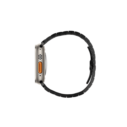 Schwarzes Elite Edelstahlarmband für Apple Watch – ergonomische Gliederstruktur, angenehmer Tragekomfort und sichere Butterfly-Schließe.